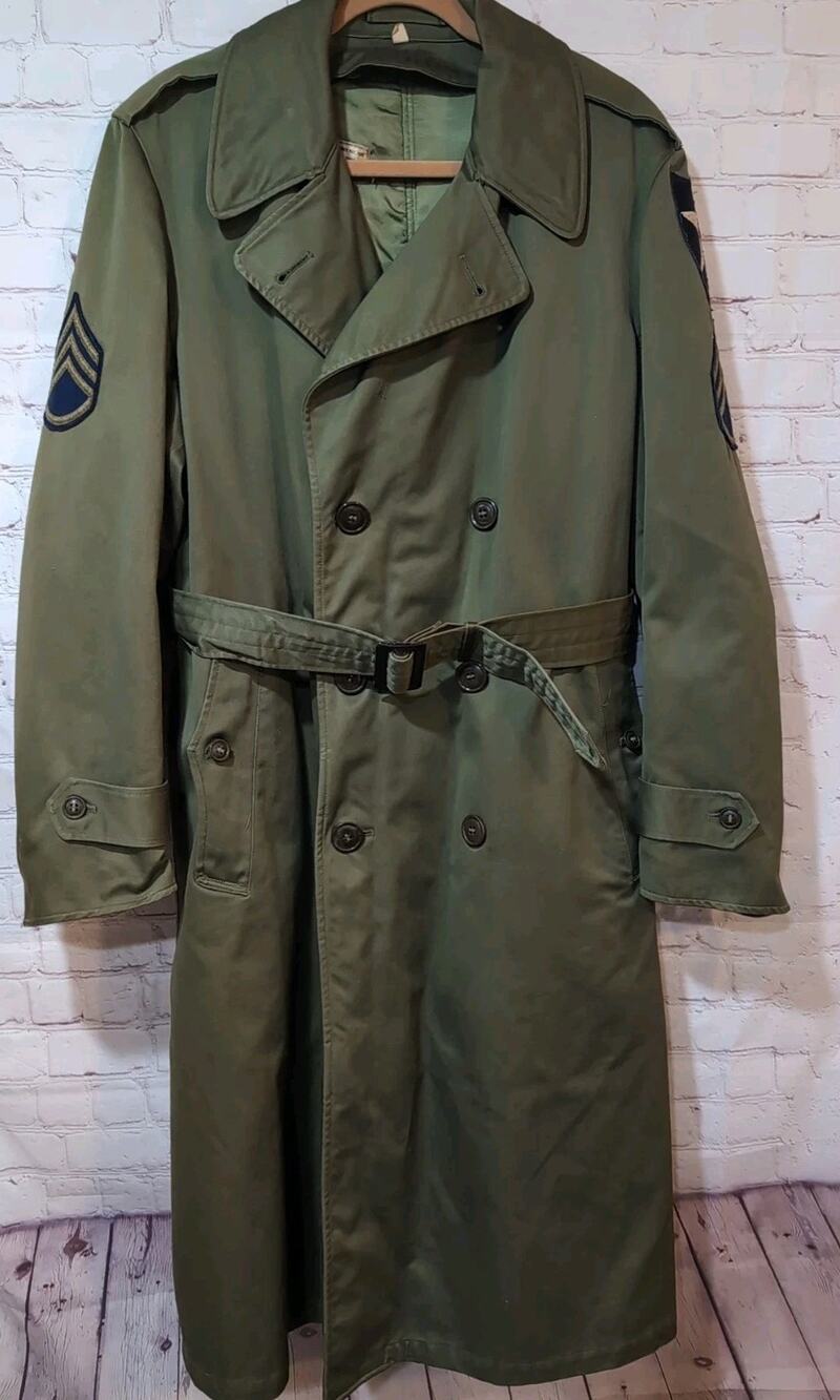 Vtg 1950s US Army OD7 Military Overcoat Trench Coat Wool Liner 2nd Infantry Sgt